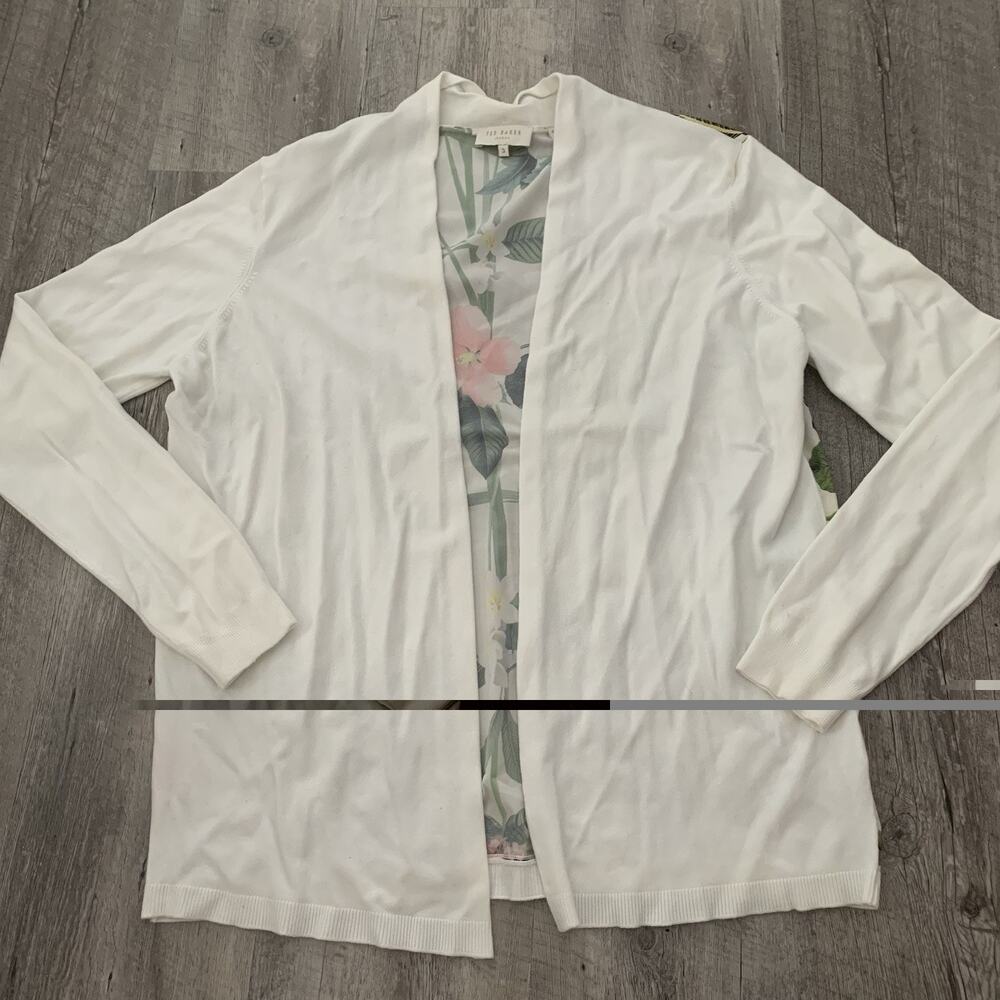 Ted Baker London Memie Floral Back Ivory Open Cardigan Womens Size 8 Lightweight